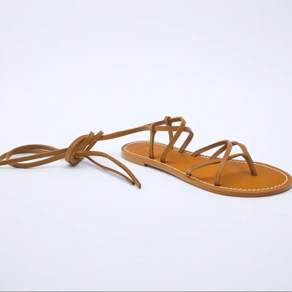 tied leather flat sandals zara